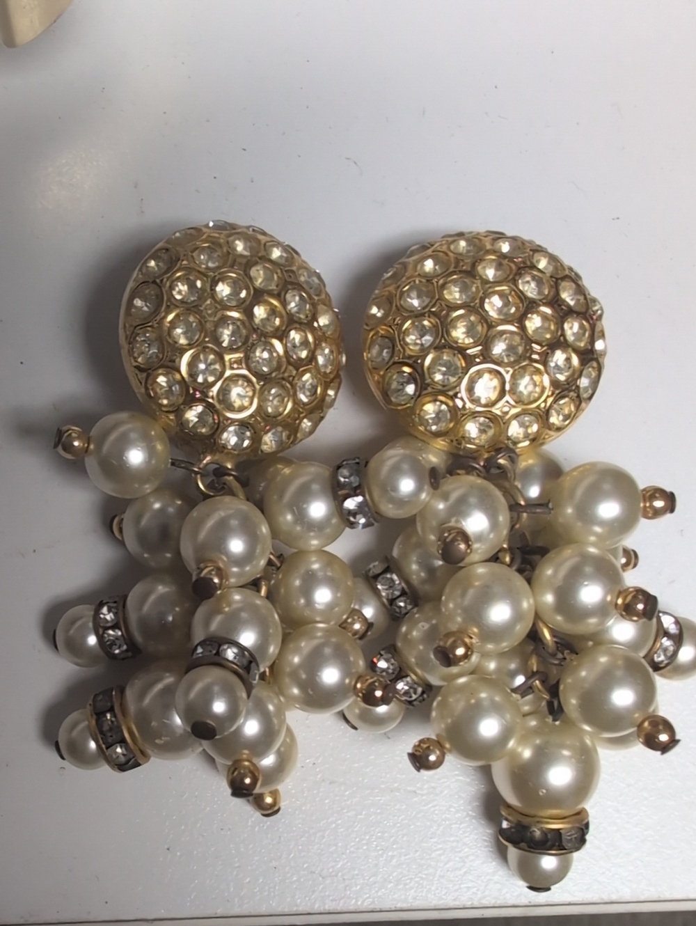 Gold and Pearl Cluster Drop Earrings - Brand: Clip On